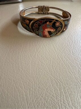 VTG 80s Cloisonne Unicorn Bracelet - Whimsical Enamel Hinged Bangle